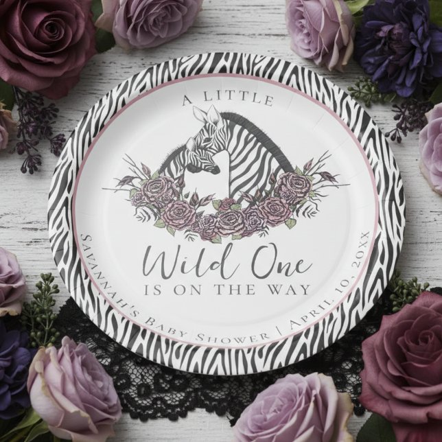 Zebra Baby Girl Floral Safari Shower Thank You Paper Plate (A Little Wild One Is On The Way Zebra Baby Shower Paper Plates for Mother to Be. Gothic Pink Roses)