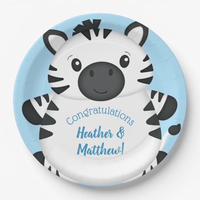 Zebra Baby Shower Blue Paper Plate (Front)