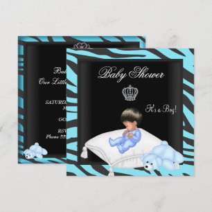 Zebra Baby Shower Boy Blue Black Crown Prince Invitation