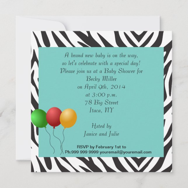 Zebra Baby Shower Party teal Invitation (Front)
