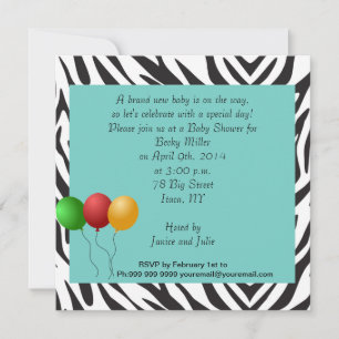 Zebra Baby Shower Party teal Invitation