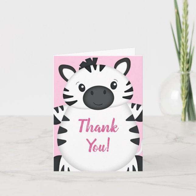 Zebra Baby Shower Pink Thank You Card (Front)