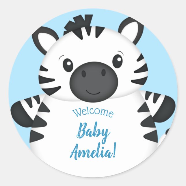 Zebra Baby Shower Safari Blue Boy Classic Round Sticker (Front)