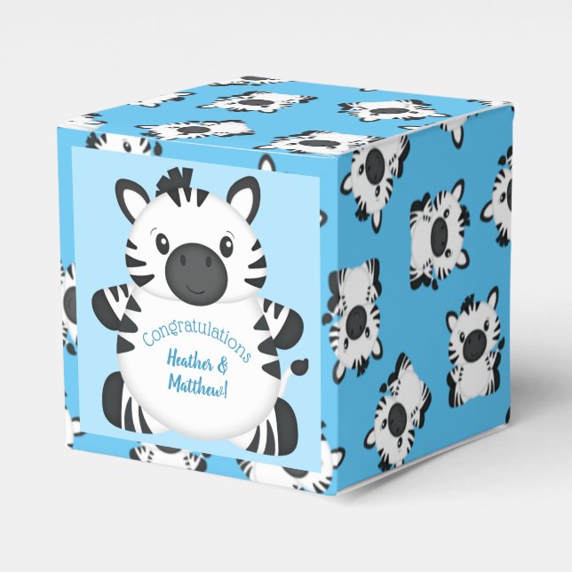 Zebra Baby Shower Safari Blue Boy Favour Box (Front Side)