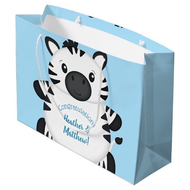 Zebra Baby Shower Safari Blue Boy Large Gift Bag (Back Angled)
