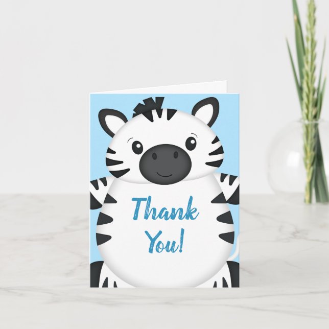 Zebra Baby Shower Safari Blue Boy Thank You Card (Front)