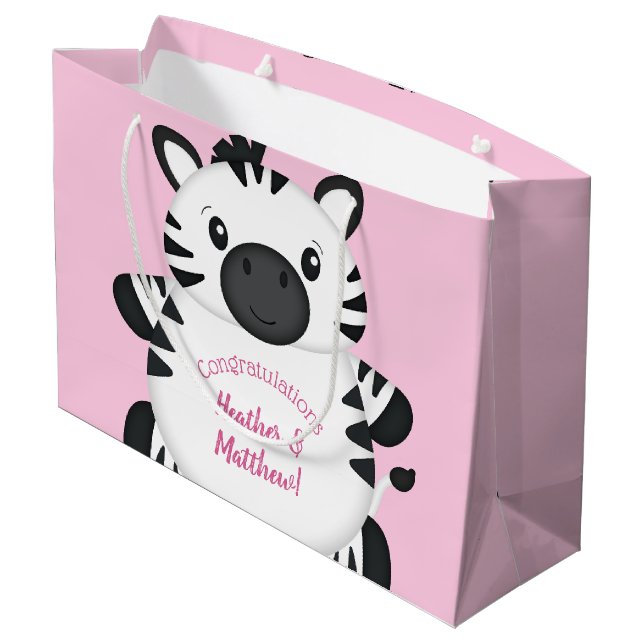 Zebra Baby Shower Safari Pink Girl Large Gift Bag (Back Angled)