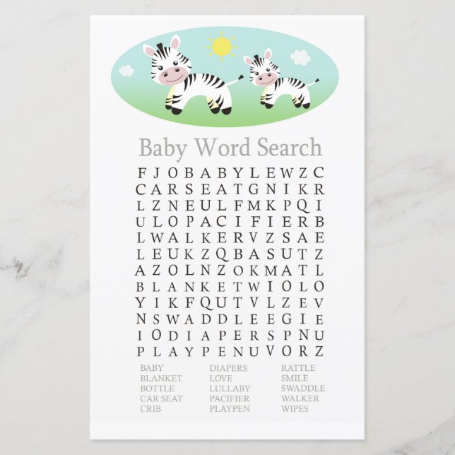 Zebra Baby Shower Word Search Game (Front)