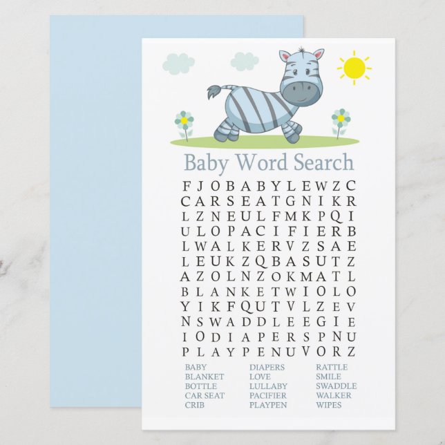 Zebra Baby Shower Word Search Game (Front/Back)