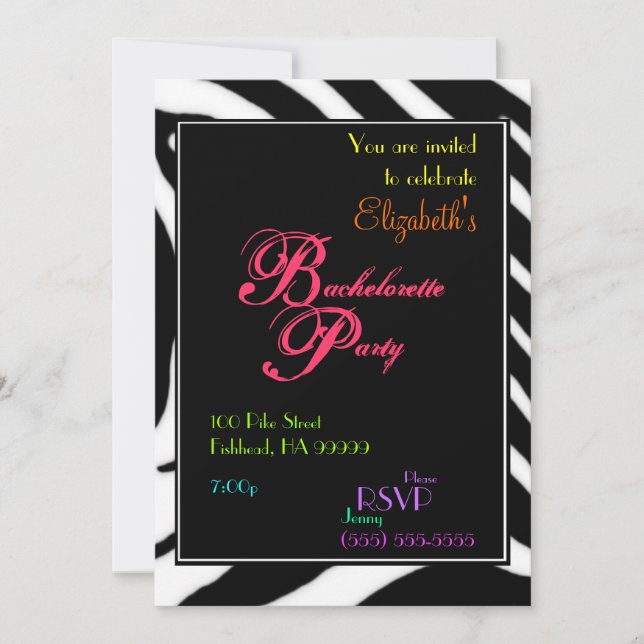 Zebra Bachelorette Party Colors Invitation (Front)