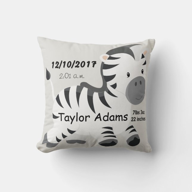 Zebra Birth Stats Baby Nursery Cushion (Front)
