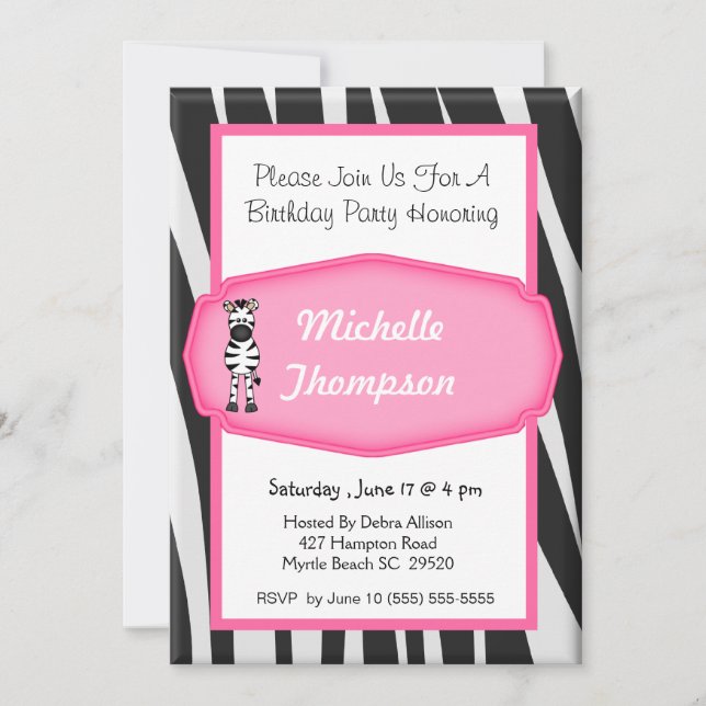 Zebra  Birthday Invitation (Front)