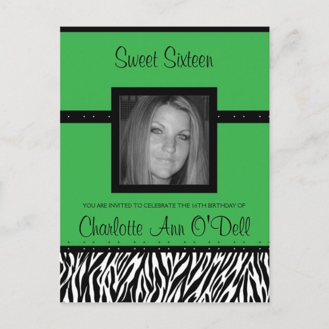 zebra; birthday invitation postcard (Front)