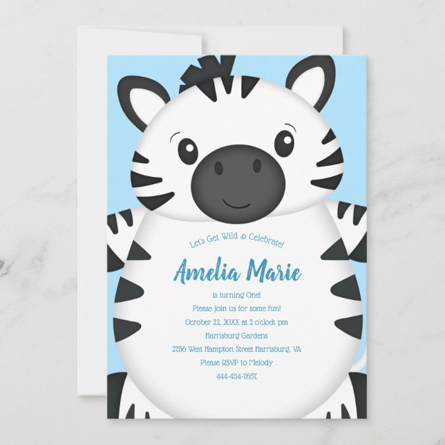 Zebra Birthday Party Blue Invitation (Front)