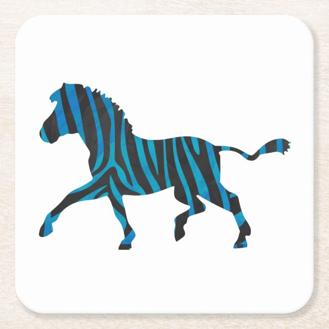 Zebra Black and Blue Silhouette Square Paper Coaster (Front)
