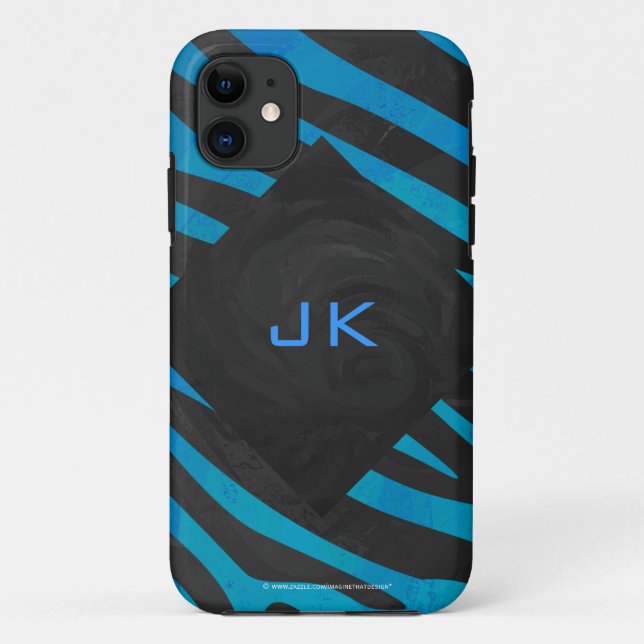 Zebra Black and Blue with Monogram Case-Mate iPhone Case (Back)