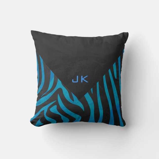 Zebra Black and Blue with Monogram Cushion (Front)