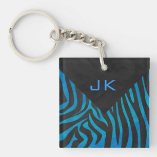 Zebra Black and Blue with Monogram Key Ring
