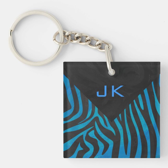Zebra Black and Blue with Monogram Key Ring (Front)