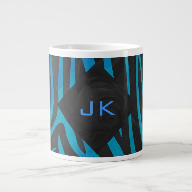 Zebra Black and Blue with Monogram Large Coffee Mug (Front)