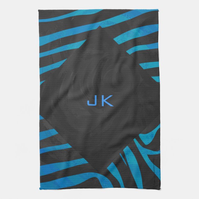Zebra Black and Blue with Monogram Tea Towel (Vertical)
