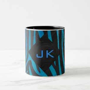 Zebra Black and Blue with Monogram Two-Tone Coffee Mug