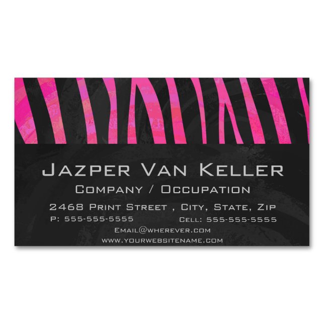Zebra Black and Hot Pink Print Magnetic Business Card (Front)