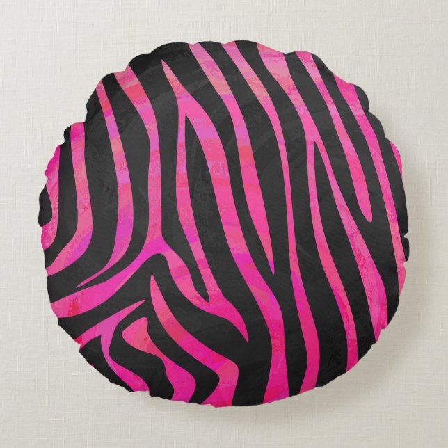 Zebra Black and Hot Pink Print Round Cushion (Front)