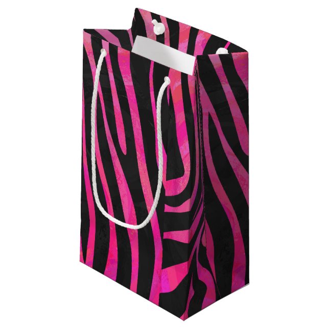 Zebra Black and Hot Pink Print Small Gift Bag (Front Angled)