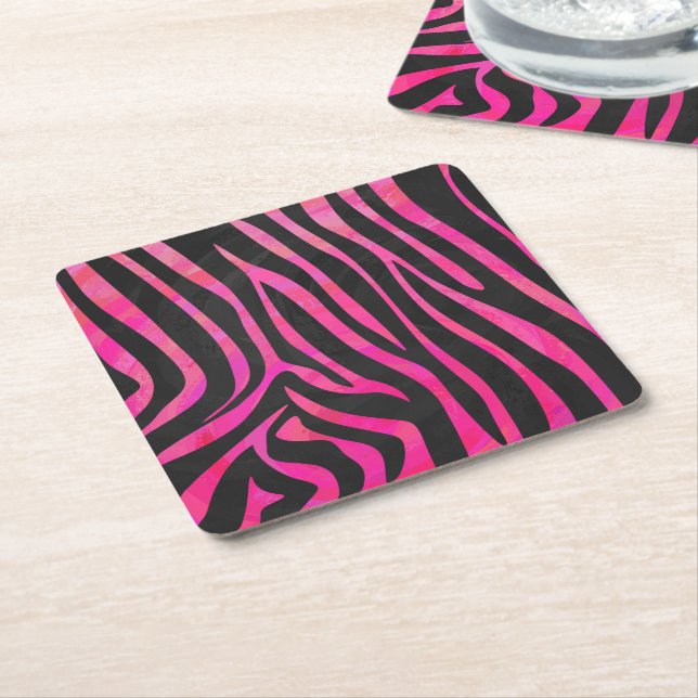 Zebra Black and Hot Pink Print Square Paper Coaster (Angled)