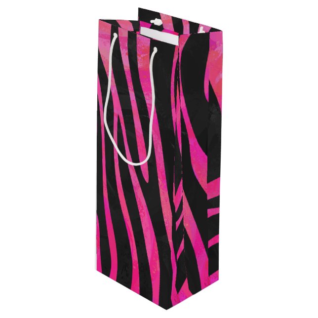 Zebra Black and Hot Pink Print Wine Gift Bag (Front Angled)