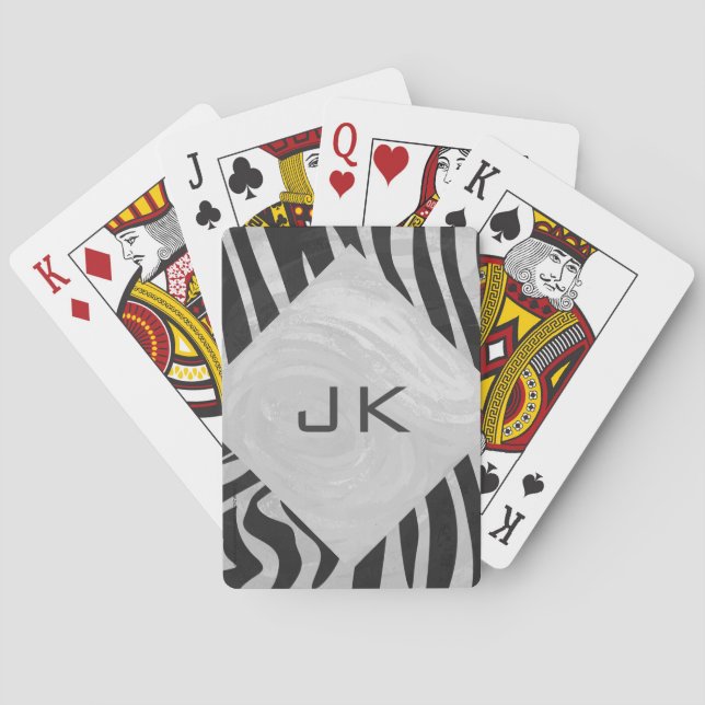 Zebra Black and Light Gray Monogram Playing Cards (Back)