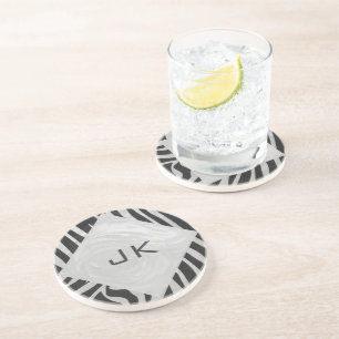 Zebra Black and Light Grey Monogram Coaster