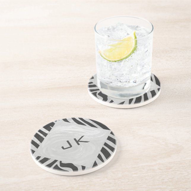 Zebra Black and Light Grey Monogram Coaster (Side)