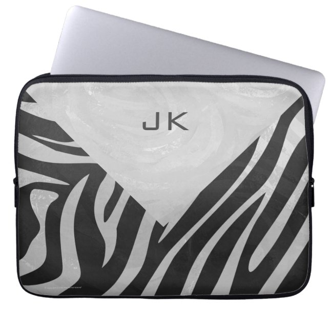 Zebra Black and Light Grey Monogram Laptop Sleeve (Front)