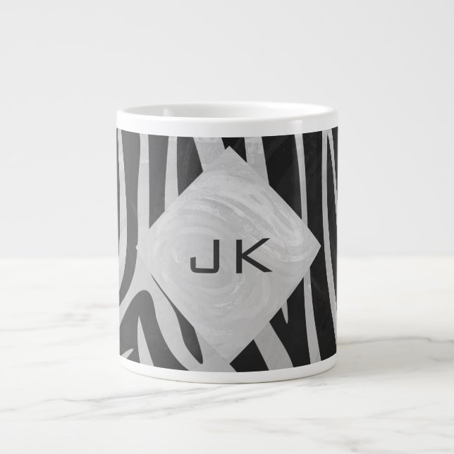 Zebra Black and Light Grey Monogram Large Coffee Mug (Front)