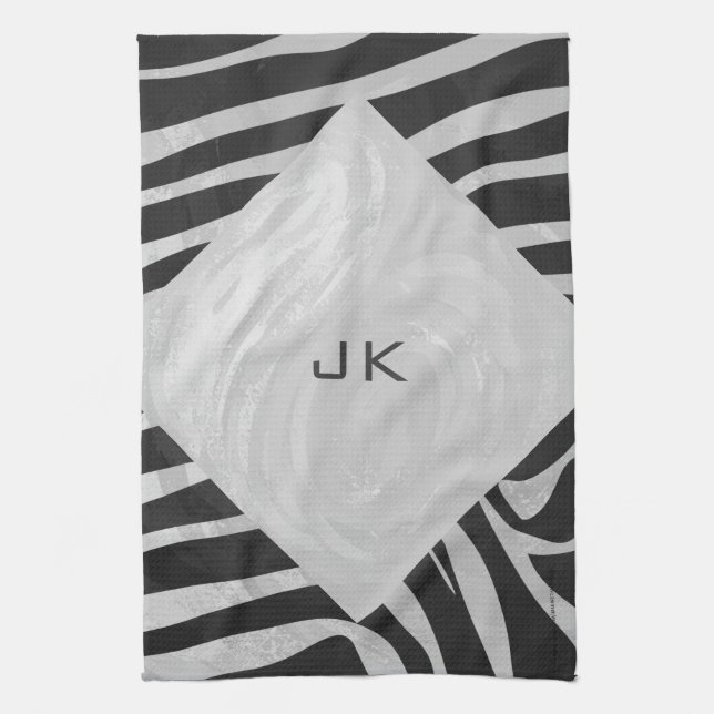 Zebra Black and Light Grey Monogram Tea Towel (Vertical)