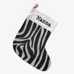 Zebra Black and Light Grey Print with name Large Christmas Stocking