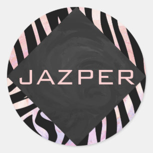 Zebra Black and Pink Monogram Classic Round Sticker