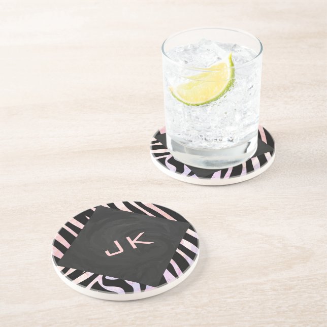 Zebra Black and Pink Monogram Coaster (Side)