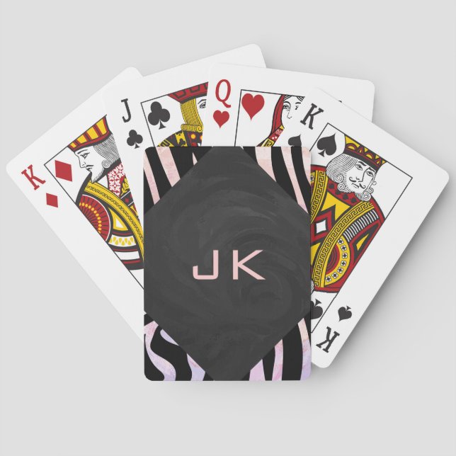 Zebra Black and Pink Monogram Playing Cards (Back)