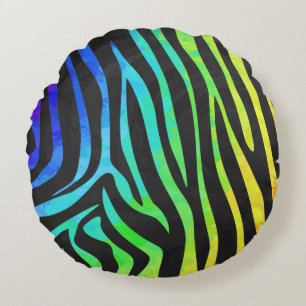 Zebra Black and Rainbow Print Round Cushion