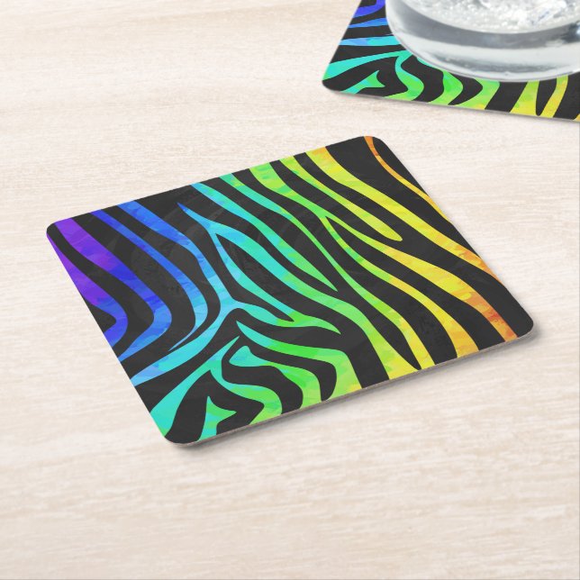 Zebra Black and Rainbow Print Square Paper Coaster (Angled)
