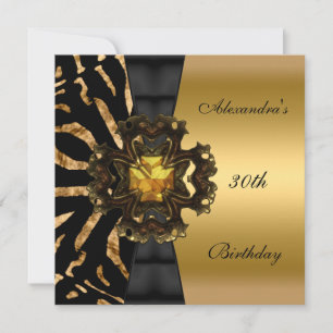 Zebra Black Gold Stripe 30th Birthday Party Invitation