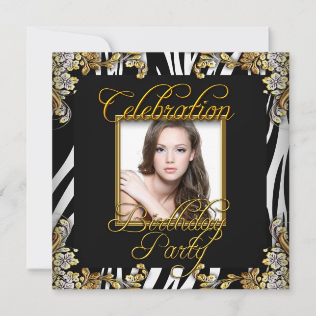 Zebra Black White Gold Photo Birthday Party Invitation (Front)
