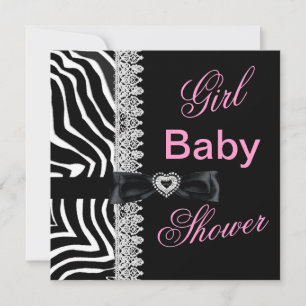 Zebra black white Pink Girl Baby Shower Lace Invitation