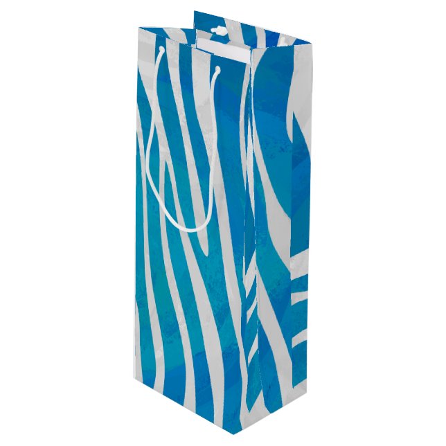 Zebra Blue and White Print Wine Gift Bag (Front Angled)