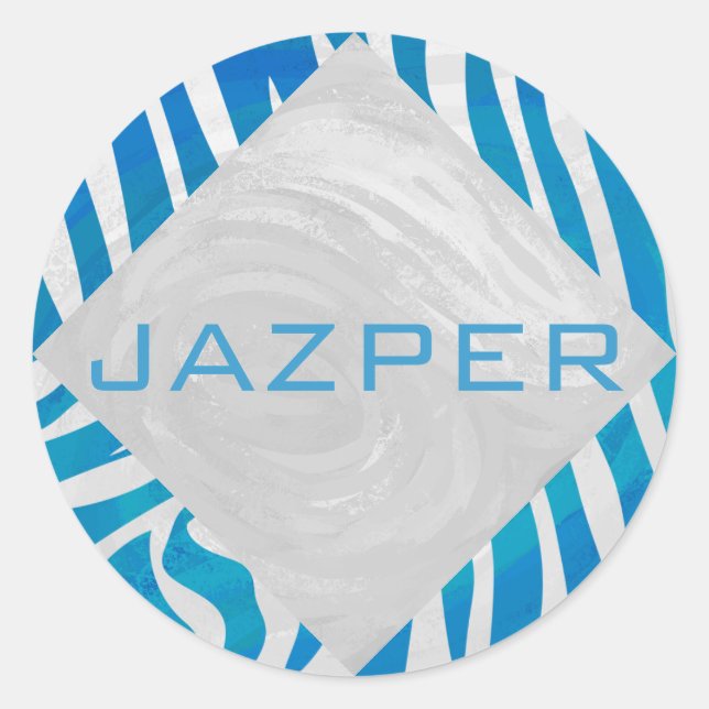 Zebra Blue and White with Monogram Classic Round Sticker (Front)