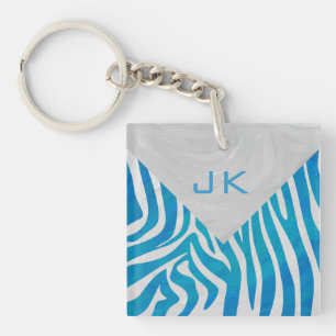 Zebra Blue and White with Monogram Key Ring