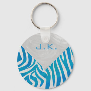 Zebra Blue and White with Monogram Key Ring